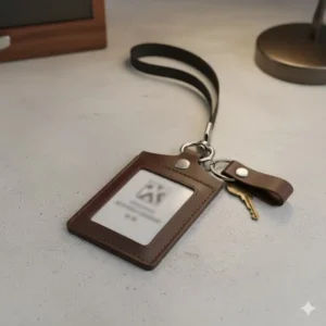 Clear ID holder and keychain set with a visible card and detachable neck lanyard.