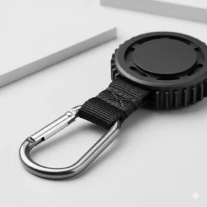 Close-up of a heavy-duty ID card reel showing the reinforced strap and metal carabiner attachment.