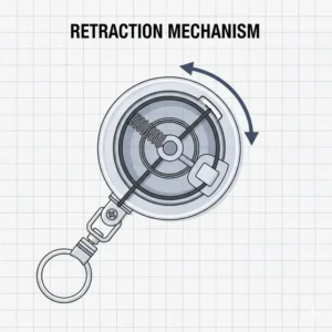 Diagram showing the internal retraction mechanism of a retractable lanyard reel.