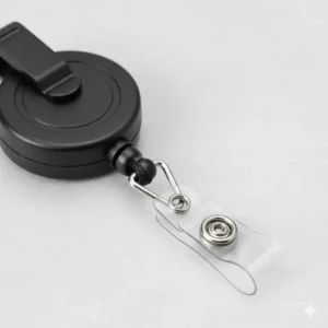 Close-up view of the retractable badge lanyards reel mechanism, showing the strong cord and metal carabiner attachment.