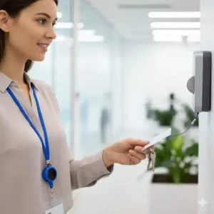 Person wearing a retractable ID badge lanyard with retractable reel, demonstrating easy key and badge access.