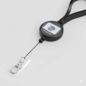 Close-up view demonstrating the smooth, retractable lanyard badge holder mechanism.