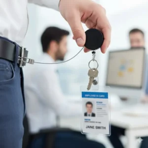 Close-up of the retractable id badge holder keychain reel, showing the smooth pull mechanism for quick access.