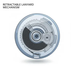 Close-up view of the internal spring and cord retraction mechanism within a round badge holder lanyard reel.