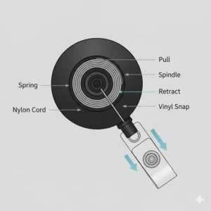 Close-up diagram illustrating the smooth and durable retractable mechanism inside a reel badge clips.