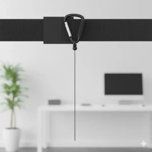 Close-up of the smooth, durable retractor cord fully extended from the retractable badge holder with carabiner clip for easy scanning or access without unhooking.