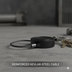 Close-up view of the robust, heavy duty retractable lanyard Kevlar/steel cable, highlighting its durability and break strength.