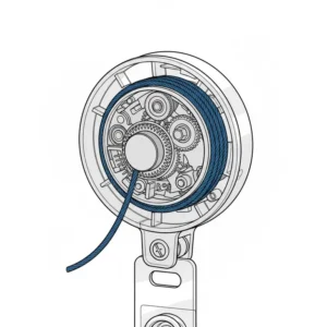 Close-up view of the internal durable mechanism of a retractable lanyards for id badges.