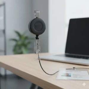 Secure carabiner clip mechanism on the badge holder keychain attached to a belt loop.