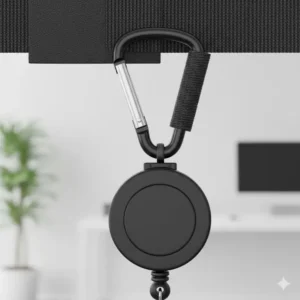 Heavy-duty carabiner clip attachment on the retractable badge holder showing the secure spring-loaded mechanism for reliable grip.