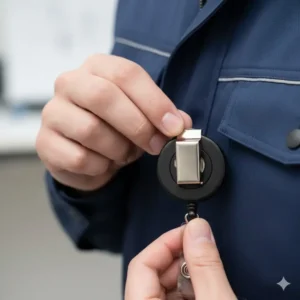 Image showing a heavy-duty reel badge clips with a secure metal belt clip attachment being fastened onto a uniform pocket.