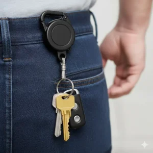 A set of office keys secured to a heavy-duty carabiner-style lanyard reel clipped onto a belt loop for security and easy retrieval.