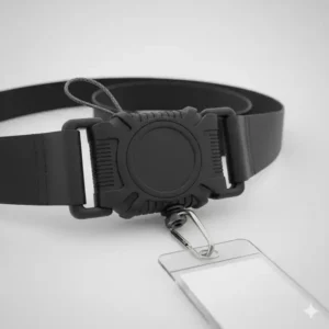Detailed view of the heavy-duty retractable reel mechanism on the secure lanyard with retractable reel.