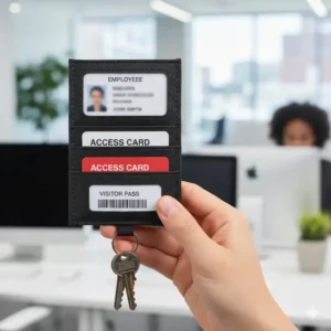 Vertical id badge holder keychain with multiple card slots to securely hold identification cards and access badges.