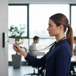 Office employee easily extending her ID with a retractable badge lanyards to scan access control.