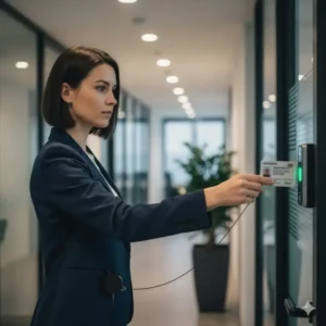 Office worker using a retractable ID card reel to quickly swipe their access card at a door reader.