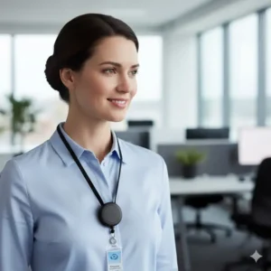 Professional employee wearing a secure retractable lanyard badge holder displaying their access ID card.