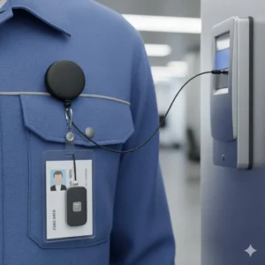 A worker using a retractable lanyard attached to their belt for easy access to a security badge.