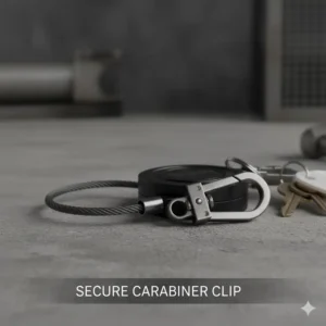 Image showing the secure, all-metal carabiner and rotating clip attachment point of the heavy duty retractable lanyard.