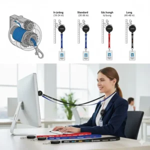 Comparison of different material and color options for retractable lanyards for id badges.