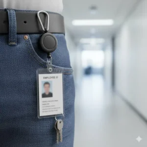 Example of the retractable badge holder with carabiner clip secured to a belt loop, keeping the ID badge readily accessible and out of the way.