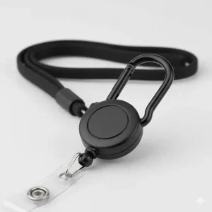Black carabiner ID card reel clipped onto a lanyard, illustrating the secure, non-slip design.