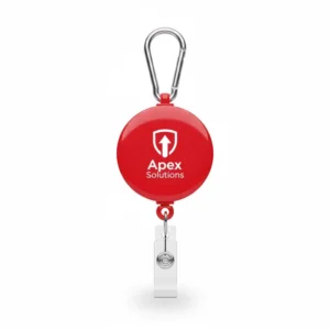 Promotional red lanyard reel with a company's custom logo printed on the surface, often used for corporate events or employee badges.