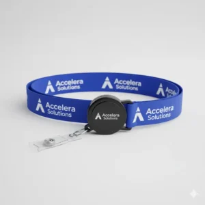 Custom printed retractable badge lanyards with a company logo, perfect for corporate events or employee identification.