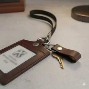 Close-up of the durable metal swivel clasp connecting the ID holder and keychain components.