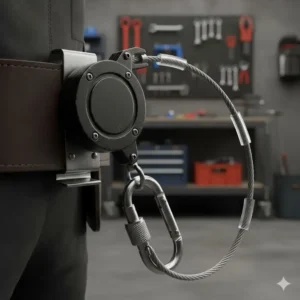 Image of a heavy-duty retractable lanyard with a reinforced cord and metal casing.