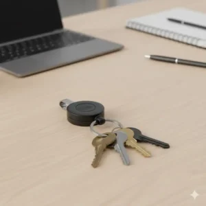 A cluster of keys attached to the key ring of the versatile badge holder keychain.