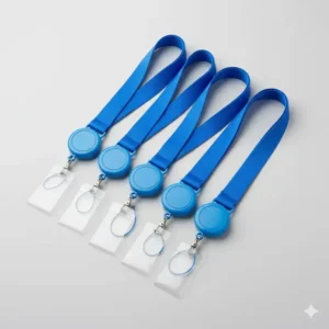 Set of bright blue lanyards featuring a smooth-pull retractable badge holder for staff identification, which is a lanyard with retractable reel.