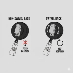 Comparison graphic of a swivel-back versus a standard non-swivel reel badge clips for identification cards.
