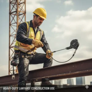 Construction worker using a heavy duty retractable lanyard to secure small hand tools while working at height.