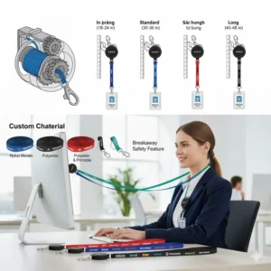 Different attachment styles for securing ID cards to a retractable lanyards for id badges.