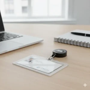 Clear vinyl pouch protecting an ID card inside the badge holder keychain sleeve.