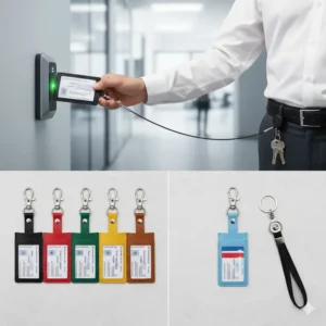 A vibrant collection of id badge holder keychains in various colors like black, blue, and red.