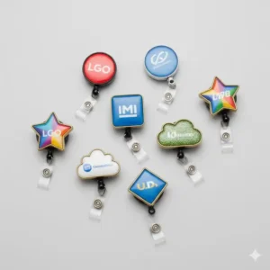 Collection of custom-printed reel badge clips featuring different shapes like round, square, and oval designs.