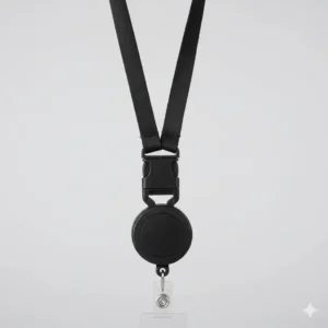 Image highlighting the safety breakaway clasp on the neck strap of the lanyard with retractable reel.