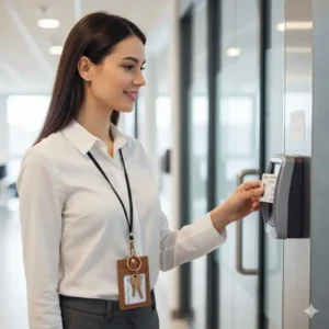 Professional person using the ID holder and keychain combo to scan their badge at an office entrance.