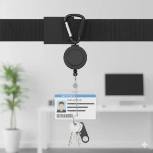 The split ring on the retractable badge holder with carabiner clip is used to carry keys and small tools alongside an ID card.