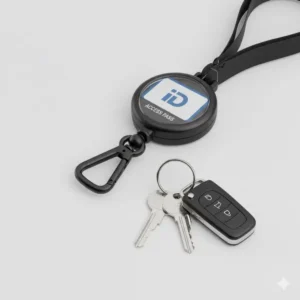 Image of the versatile clip on the retractable lanyard badge holder, ideal for attaching keys and badges.