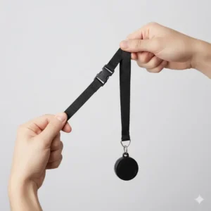 Demonstrating the safety breakaway feature on a retractable badge lanyards for quick release.