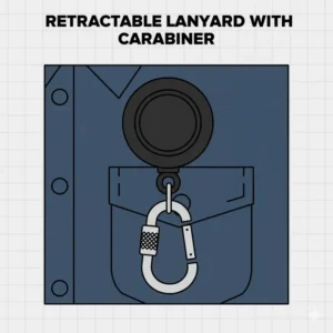 Graphic of a retractable lanyard reel featuring a secure metal carabiner clip.