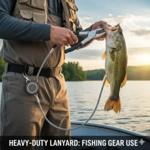 Heavy duty retractable lanyard attached to fishing pliers, keeping essential gear secure and easily accessible on a boat.