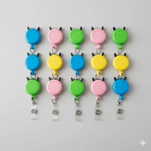 Assortment of colorful, plastic retractable badge holders, including blue, green, and pink lanyard reel products.