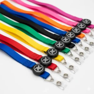 A display of colorful and highly visible retractable badge lanyards suitable for nurses, teachers, and security staff.