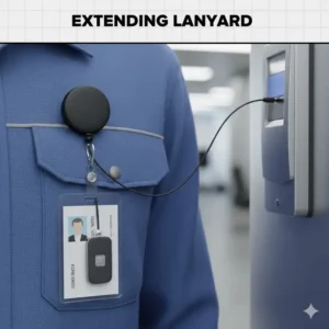 Illustration of a hand smoothly pulling and extending the cord from the retractable lanyard to scan a badge.