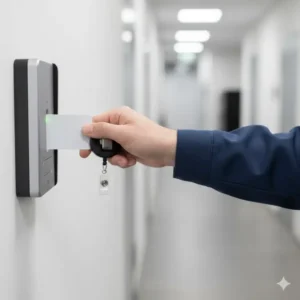 A person using a reel badge clips to quickly swipe their key card for building access without removing it from their clothing.