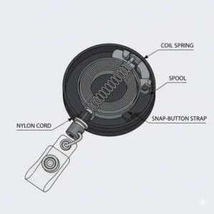 Diagram showing the internal spring and nylon cord mechanism of a retractable ID card reel.
